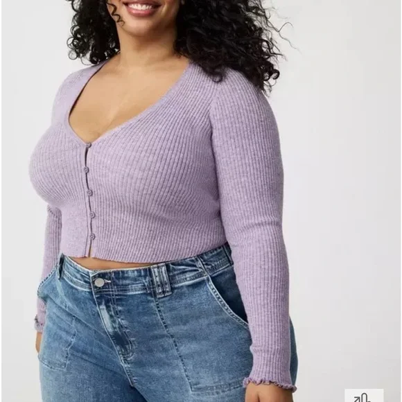 NWT Crop Purple V-Neck Sweater Ribbed Knit Super Soft Cozy - Picture 10 of 11